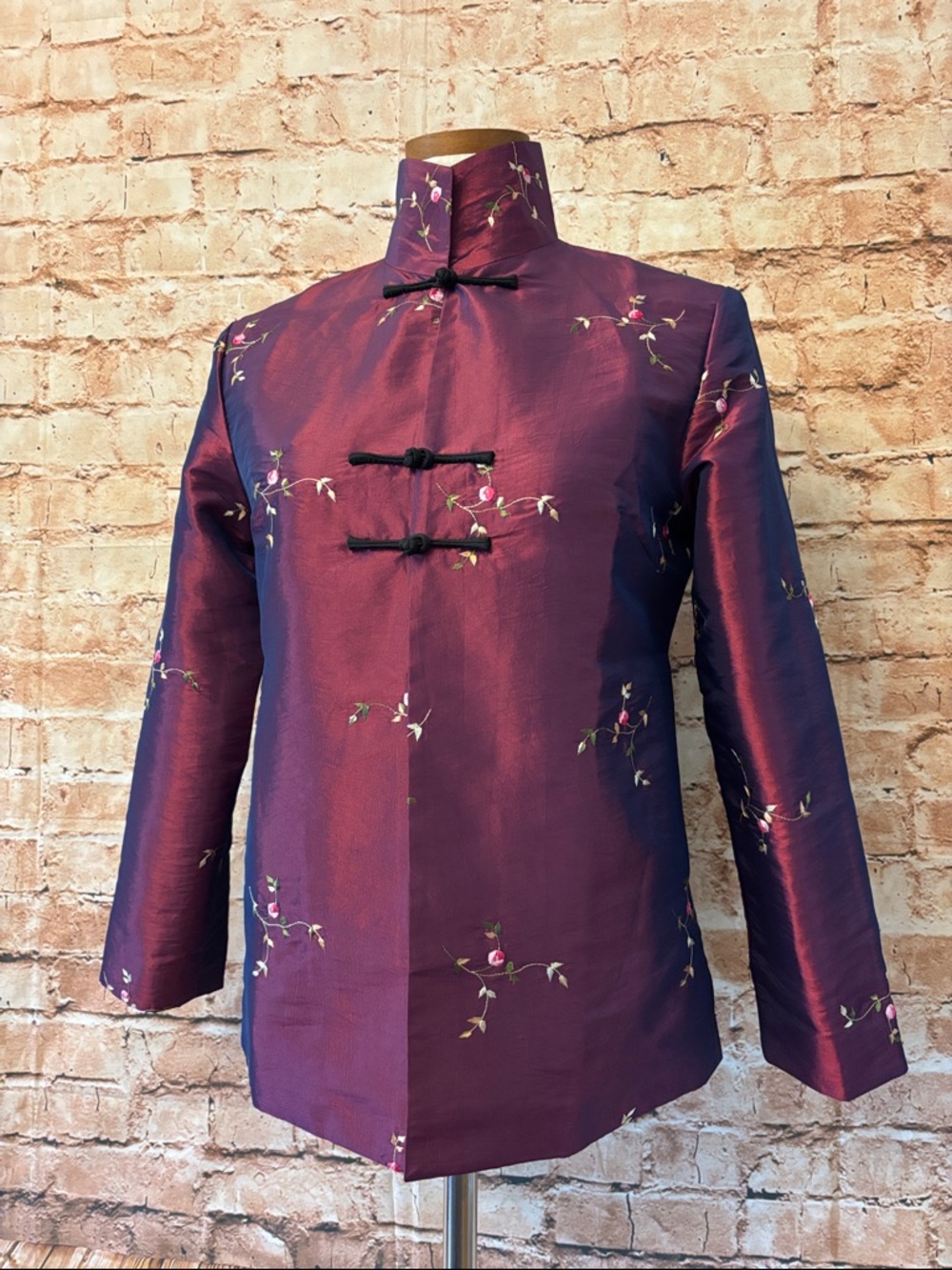 Silk Embroidered Mandarin Jacket - Plum